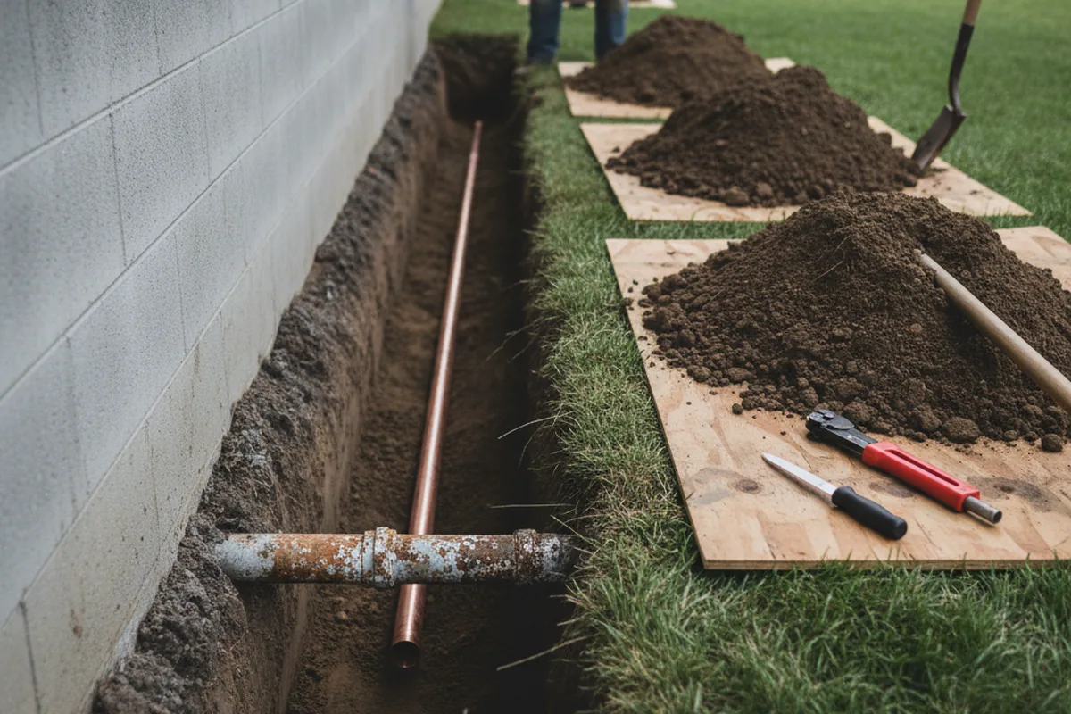 Excavated water line trench during Water Heater Repair in Adamsville